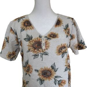 Vintage Sunflower Knit Crop Top Size M L Short Sleeve Beige 90s Cottage